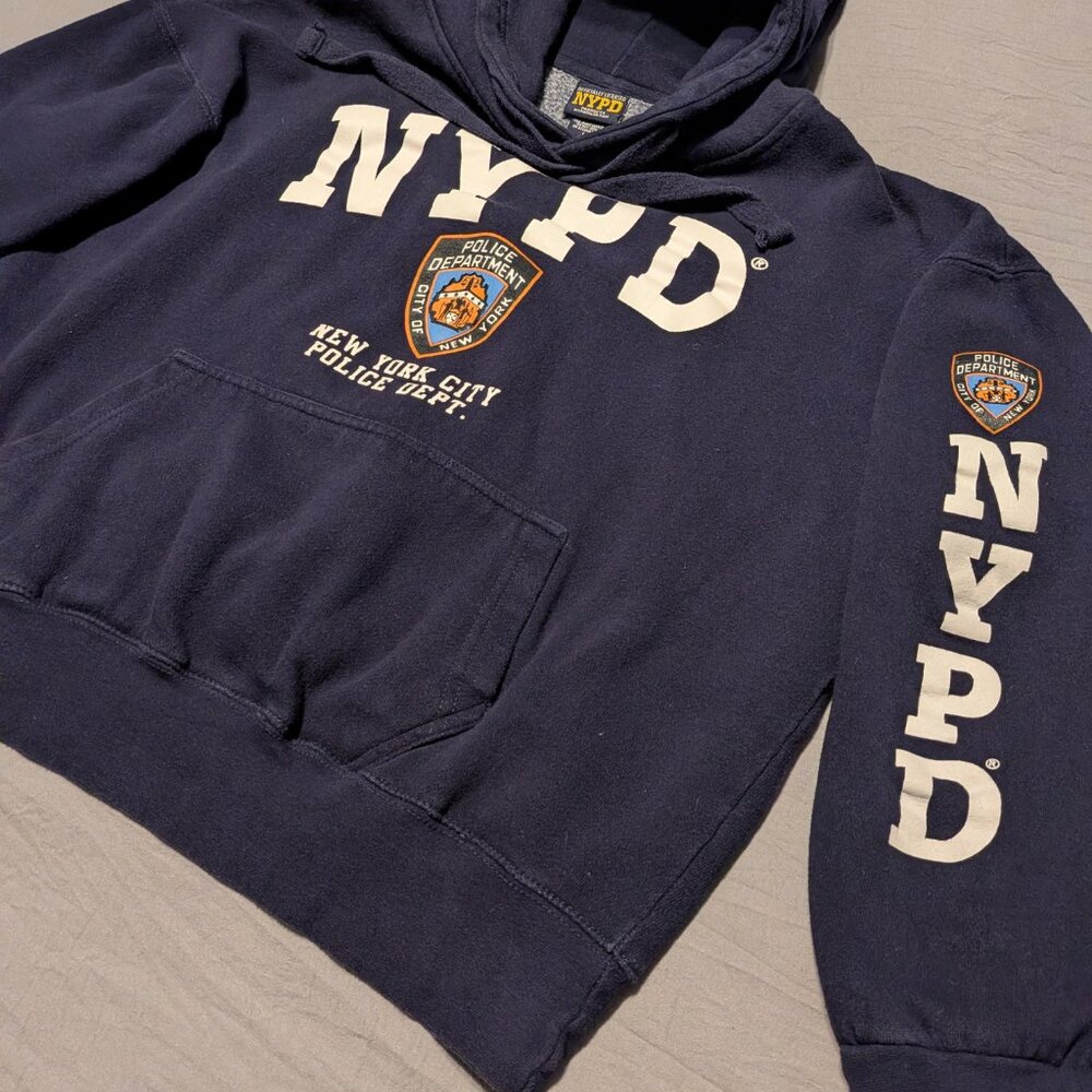 NYPD Hoodie Large Navy Pullover Logo Police Dept Licensed Sleeve Print
